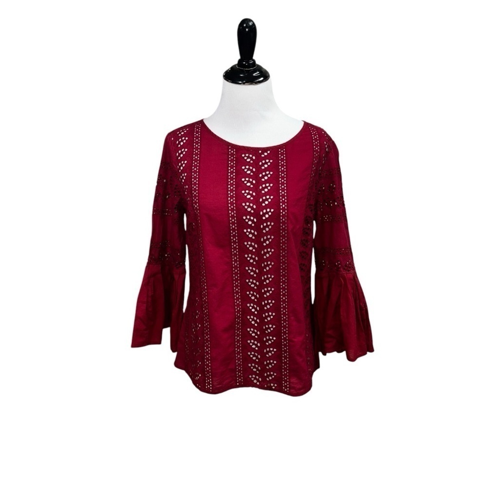 Express Women's S Small Boho Top Eyelet Lace Flared Sleeves Romantic Burgundy